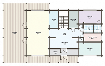 Проект дома из клееного бруса с мансардным этажом, огромной террасой и кабинетом на первом этаже / План 1 этажа Проект дома из клееного бруса с мансардным этажом, огромной террасой и кабинетом на первом этаже / План 1 этажа