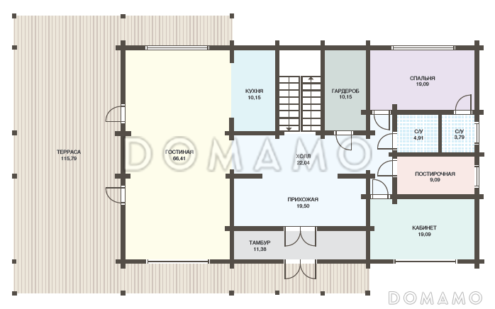 Проект дома из клееного бруса с мансардным этажом, огромной террасой и кабинетом на первом этаже / План 1 этажа