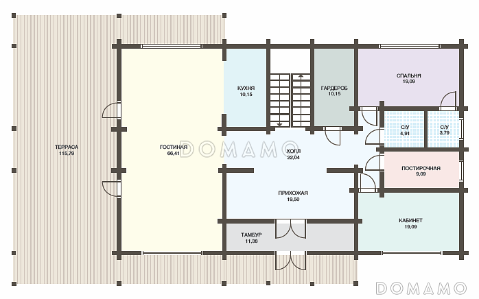 Проект дома из клееного бруса с мансардным этажом, огромной террасой и кабинетом на первом этаже / План 1 этажа Проект дома из клееного бруса с мансардным этажом, огромной террасой и кабинетом на первом этаже / План 1 этажа
