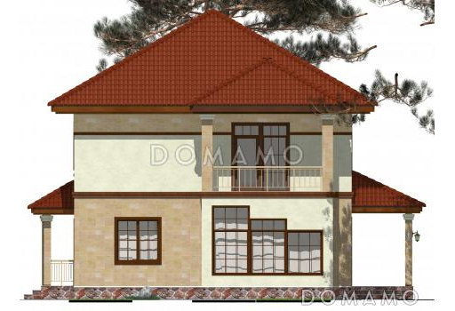 Проект двухэтажного коттеджа с террасой и двумя балконами / Фасад 2