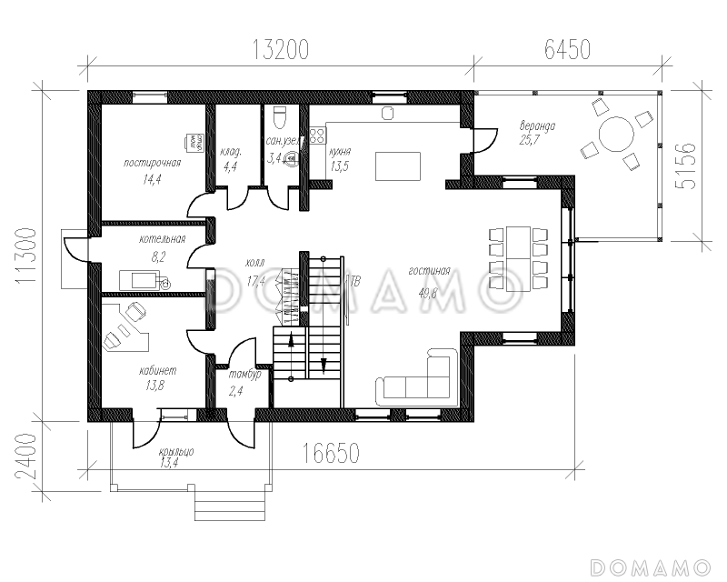 Проект двухэтажного особняка с пятью спальнями и вторым светом / План 1 этажа