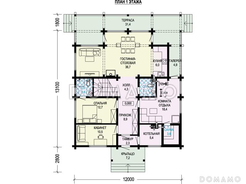 Проект деревянного дома с мансардой, вторым светом и сауной / План 1 этажа