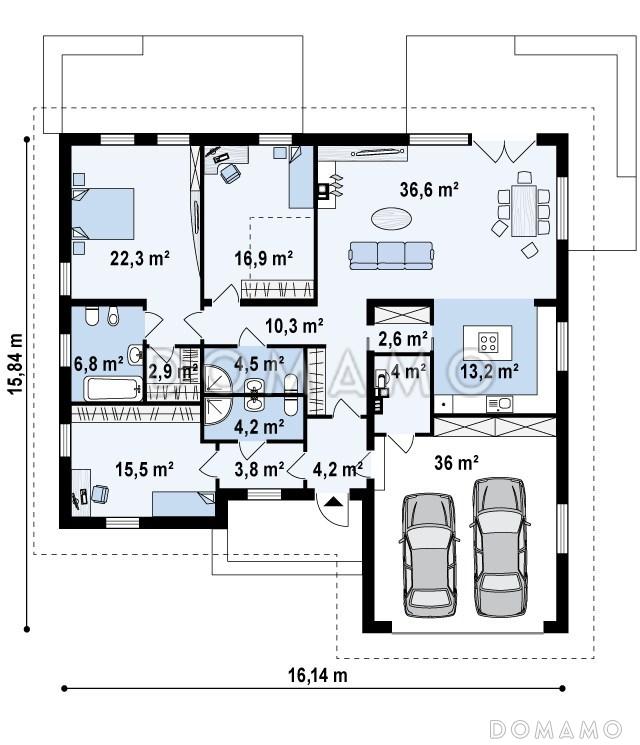 Проект одноэтажного дома из газобетона с кабинетом, двумя спальнями оснащёнными санузлами и гаражом на два автомобиля / План 1 этажа