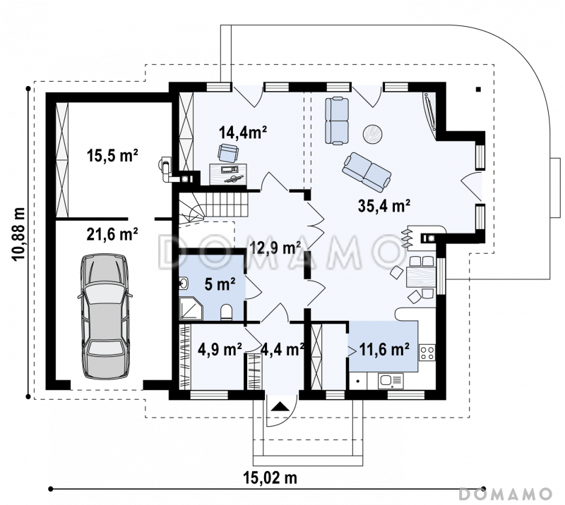 Проект одноэтажного мансардного дома из газобетона с гаражом, эркером и большой площадью остекления в гостиной / План 1 этажа