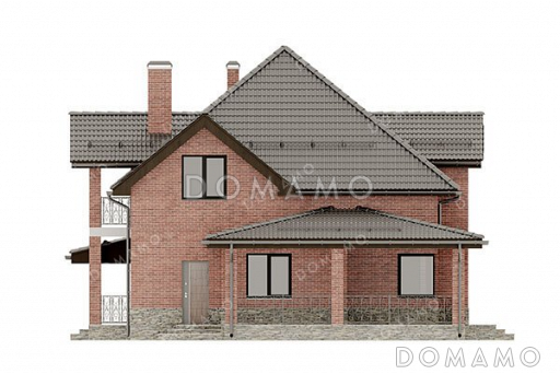 Проект одноэтажного дома с мансардой, просторной террасой и навесом для автомобиля / Фасад 4