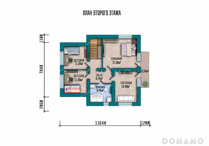 Проект дома из газобетона с 4 спальнями, кабинетом, балконом на две комнаты и котельной с отдельным входом / План мансардного этажа