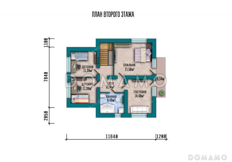 Проект дома из газобетона с 4 спальнями, кабинетом, балконом на две комнаты и котельной с отдельным входом / План мансардного этажа
