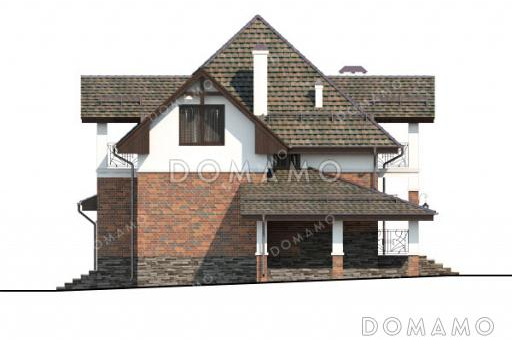 Проект дома с навесом для автомобиля, крытой террасой и двумя балконами на мансарде / Фасад 3