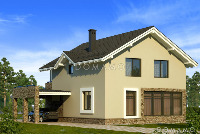 Проект загородного дома с каменного облицовкой крыльца и панорамными окнами гостиной Проект загородного дома с каменного облицовкой крыльца и панорамными окнами гостиной