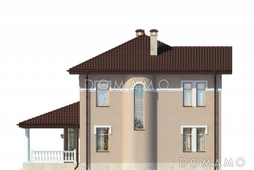 Проект дома с крытой террасой, колоннами, кухней-столовой с полукруглой стеной на террасу, эркером, спальнями и кабинетом на втором этаже / Фасад 1