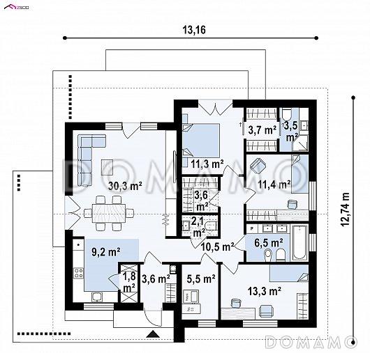 Проект комфортного одноэтажного дома из газобетона с тремя спальнями, с возможностью обустройства мансардного этажа / План 1 этажа