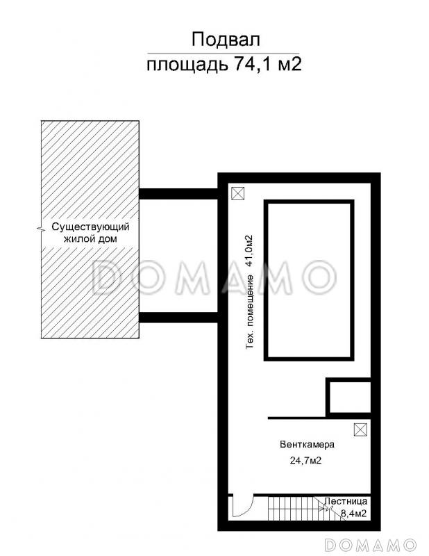 Проект помещения бассейна пристроенного к существующему жилому дому / План цокольного этажа Проект помещения бассейна пристроенного к существующему жилому дому / План цокольного этажа