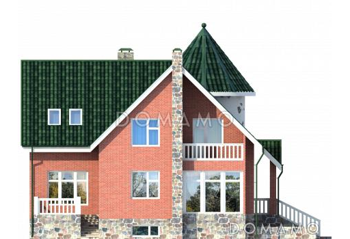 Дом с башней и зеленой крышей, с цокольным этажом, гаражом на одну машину / Фасад 1