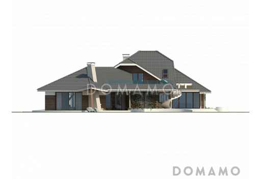 Проект красивого просторного мансардного коттеджа из газобетона с террасой на втором уровне / Фасад 2