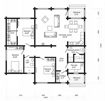 Проект одноэтажного дома из клееного бруса с просторной гардеробной и сауной / План 1 этажа Проект одноэтажного дома из клееного бруса с просторной гардеробной и сауной / План 1 этажа