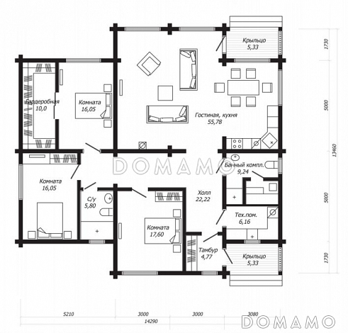 Проект одноэтажного дома из клееного бруса с просторной гардеробной и сауной / План 1 этажа Проект одноэтажного дома из клееного бруса с просторной гардеробной и сауной / План 1 этажа