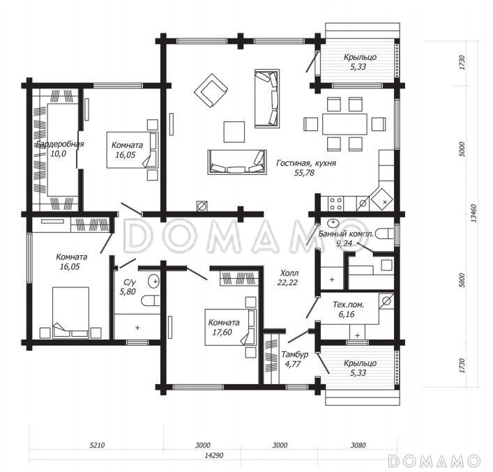 Проект одноэтажного дома из клееного бруса с просторной гардеробной и сауной / План 1 этажа