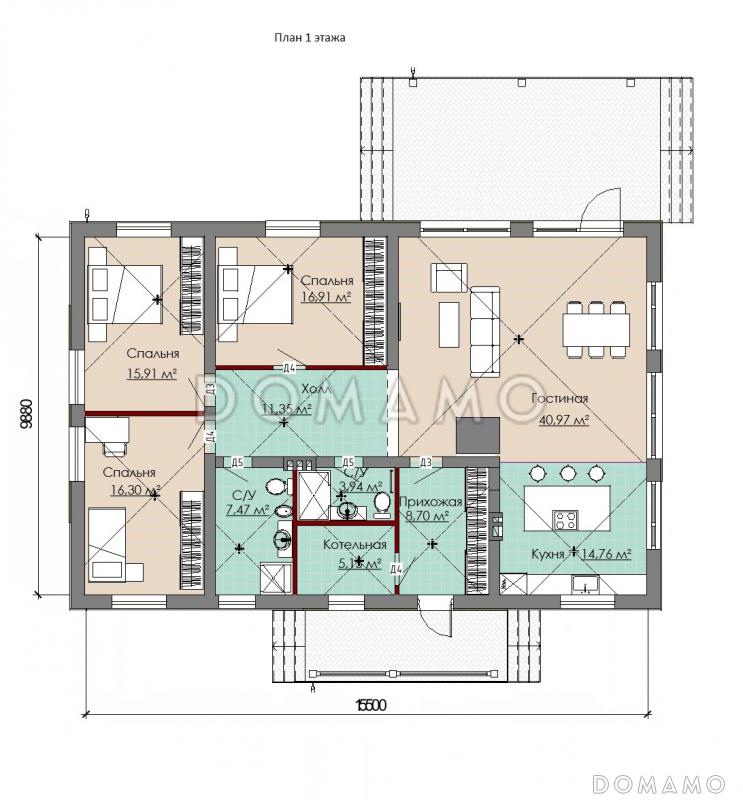 Проект одноэтажного загородного дома с тремя спальнями и большой гостиной с окнами в пол / План 1 этажа Проект одноэтажного загородного дома с тремя спальнями и большой гостиной с окнами в пол / План 1 этажа