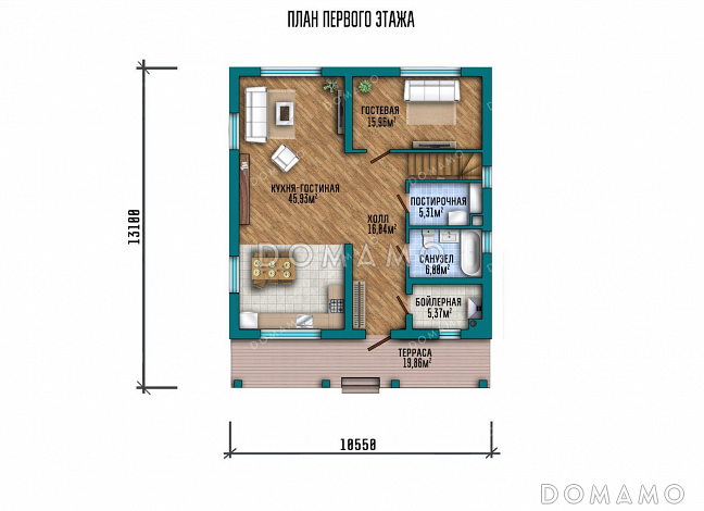 Проект дома с террасой и балконом / План 1 этажа Проект дома с террасой и балконом / План 1 этажа
