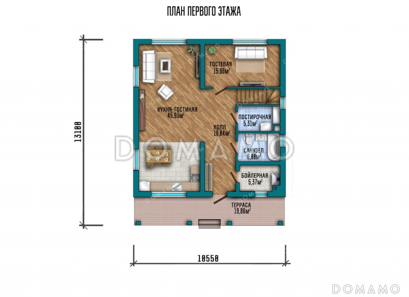 Проект дома с террасой и балконом / План 1 этажа