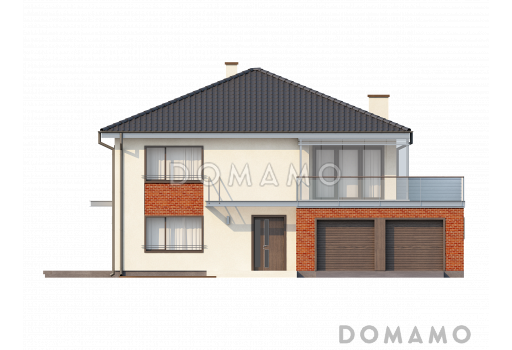 Проект просторного современного двухэтажного дома из кирпича, с пятью комнатами, гаражом и застеклённой террасой над ним / Фасад 1