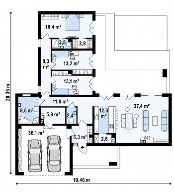 Проект современного одноэтажного дома из кирпича с плоской крышей, с большой угловой террасой и двухместным гаражом / План 1 этажа Проект современного одноэтажного дома из кирпича с плоской крышей, с большой угловой террасой и двухместным гаражом / План 1 этажа