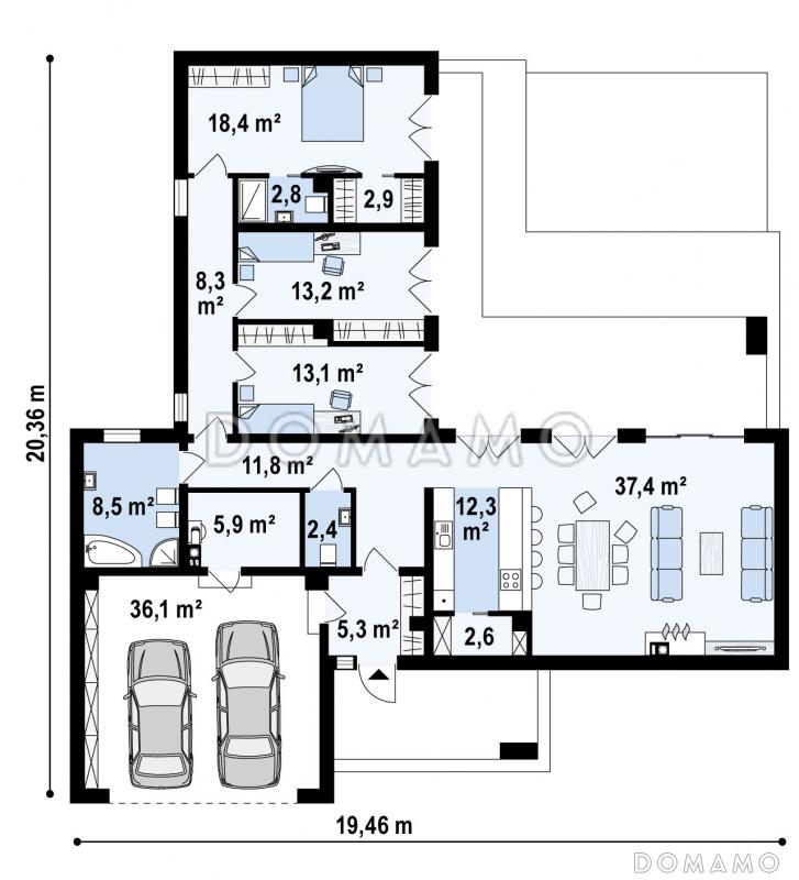 Проект современного одноэтажного дома из кирпича с плоской крышей, с большой угловой террасой и двухместным гаражом / План 1 этажа