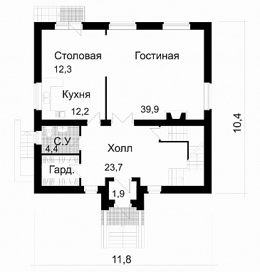 Проект двухэтажного дома с цокольным этажом и мансардой / План 1 этажа
