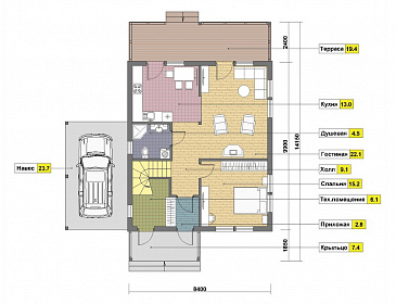 Проект дома из кирпича с местом для установки камина в гостиной / План 1 этажа