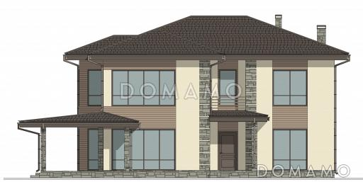Проект двухэтажного дома с 3 спальнями, крытой террасой и панорамными окнами / Фасад 1