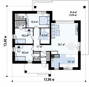 Проект небольшого современного одноэтажного дома из газобетона с тремя спальнями и красивой террасой / План 1 этажа Проект небольшого современного одноэтажного дома из газобетона с тремя спальнями и красивой террасой / План 1 этажа
