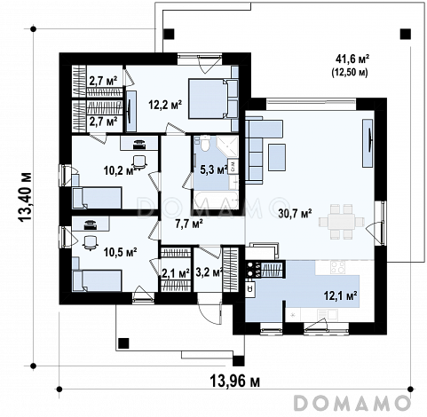 Проект небольшого современного одноэтажного дома из газобетона с тремя спальнями и красивой террасой / План 1 этажа Проект небольшого современного одноэтажного дома из газобетона с тремя спальнями и красивой террасой / План 1 этажа