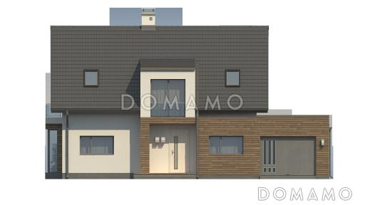 Проект одноэтажного мансардного дома из газобетона с остеклённым прямоугольным эркером, панорамными окнами на мансарде и гаражом  / Фасад 1