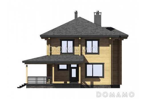 Проект двухэтажного дома из бруса с четырьмя спальнями, кабинетом и крытой террасой / Фасад 1