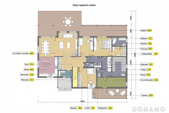 Проект кирпичного дома с просторным холлом на мансардном этаже / План 1 этажа
