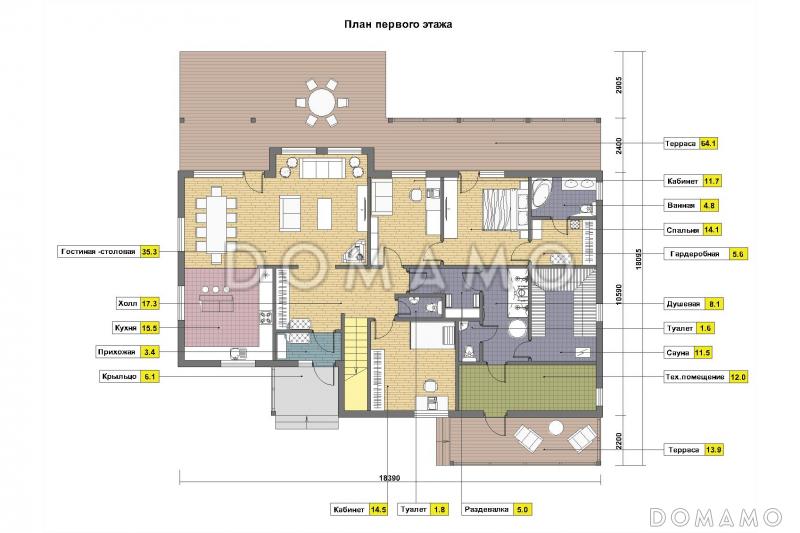 Проект кирпичного дома с просторным холлом на мансардном этаже / План 1 этажа