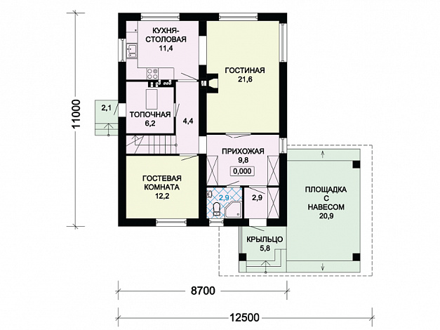 Проект загородного дома с мансардой и навесом для машины / План 1 этажа
