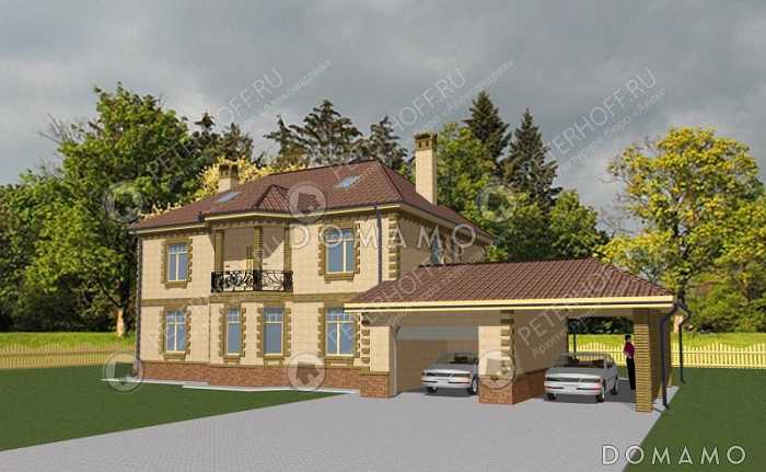 Проект коттеджа с гаражом и навесом для машины