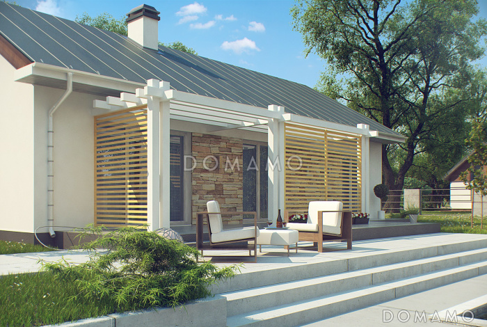 Проект простого компактного одноэтажного дома из кирпича с тремя спальнями