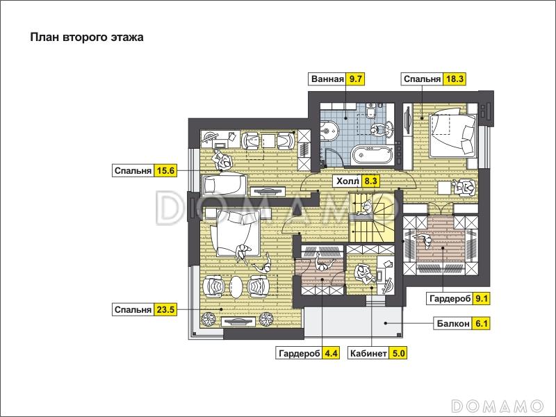 Проект загородного дома с панорамным окном в гостиной и спальне на мансардном этаже, крытой террасой с выходом из кухни-столовой, спальней на первом этаже / План мансардного этажа