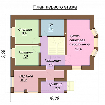 Проект одноэтажного дома с мансардным и цокольным этажами, с эркером / План 1 этажа Проект одноэтажного дома с мансардным и цокольным этажами, с эркером / План 1 этажа