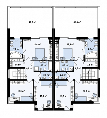 Проект мансардных домов-близнецов из кирпича современного дизайна с гаражом и террасой на втором этаже / План 2 этажа