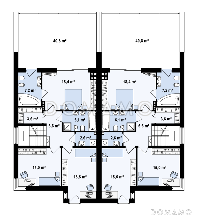 Проект мансардных домов-близнецов из кирпича современного дизайна с гаражом и террасой на втором этаже / План 2 этажа