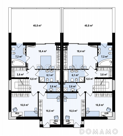 Проект мансардных домов-близнецов из кирпича современного дизайна с гаражом и террасой на втором этаже / План 2 этажа