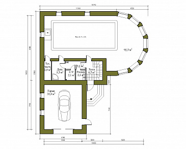 Проект двухэтажного помещения бассейна с двумя спальнями и гаражом / План 1 этажа