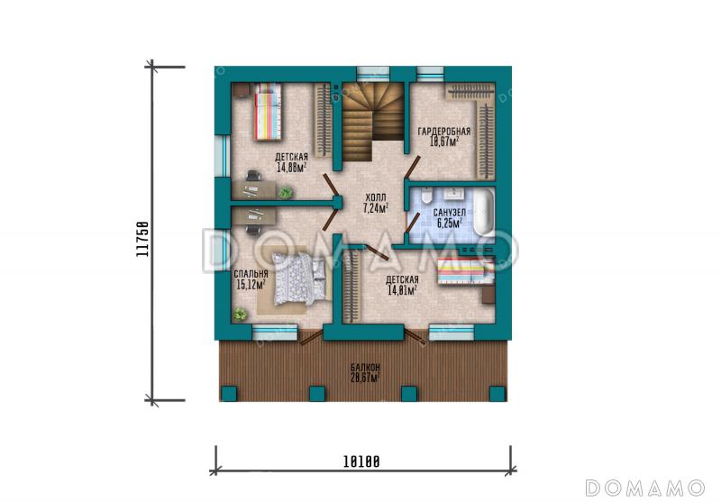 Проект компактного дома с мансардой, 4 спальнями и большим балконом / План мансардного этажа