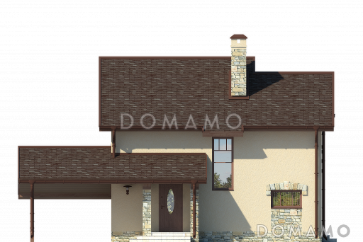 Проект дома с террасой, кухней-столовой с выходом на террасу, санузлом с окном, навесом для автомобиля / Фасад 4