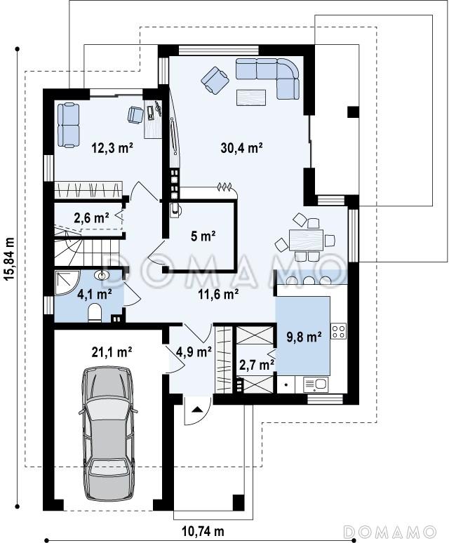 Проект одноэтажного мансардного дома из кирпича с гаражом и тремя спальнями и балконом / План 1 этажа