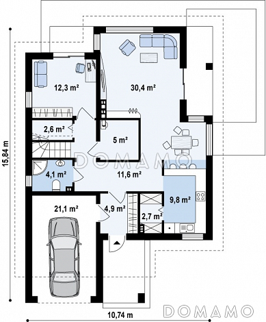 Проект одноэтажного мансардного дома из кирпича с гаражом и тремя спальнями и балконом / План 1 этажа