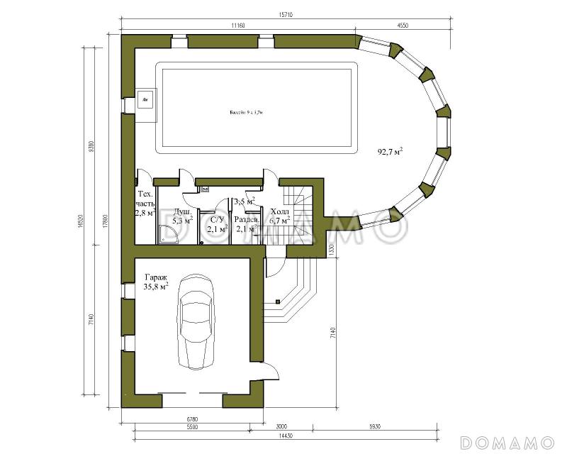 Проект двухэтажного помещения бассейна с двумя спальнями и гаражом / План 1 этажа